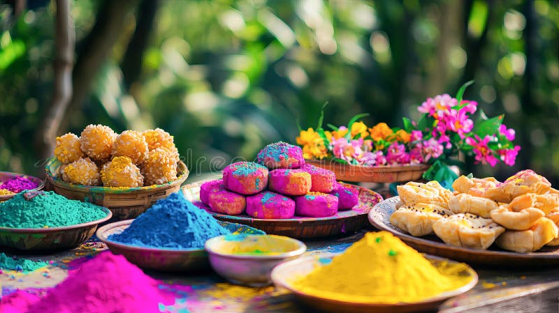 Brightly colored sweets in vibrant hues displayed on a table with Holi festival powders and decorations. The environment is lively and energetic.